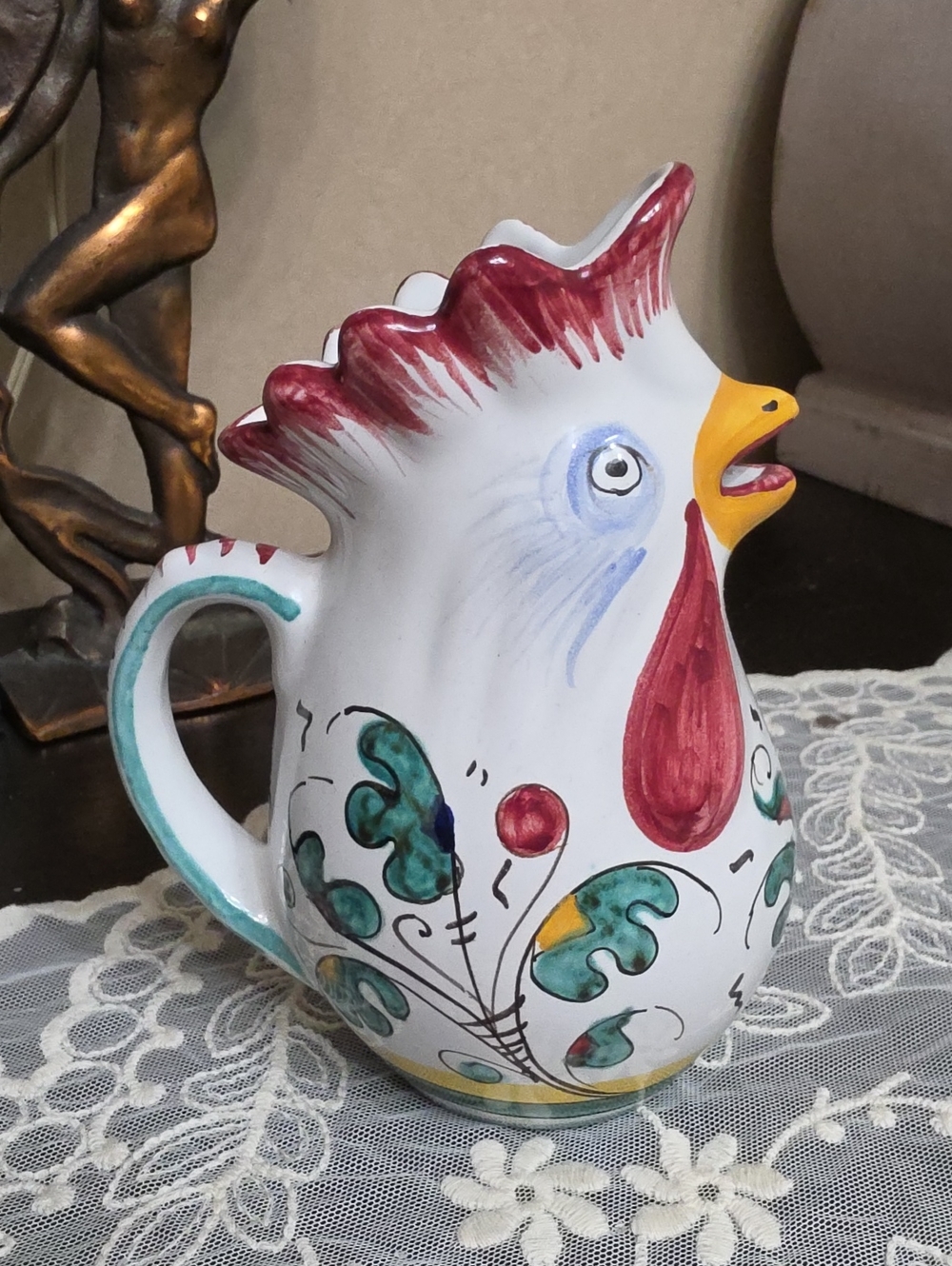 DERUTA Hand-Painted Ceramic Rooster Pitcher White ,Red & Yellow Accents Italy
